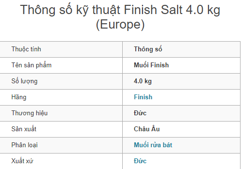 Thông số muối rửa bát Finish 4.0kg